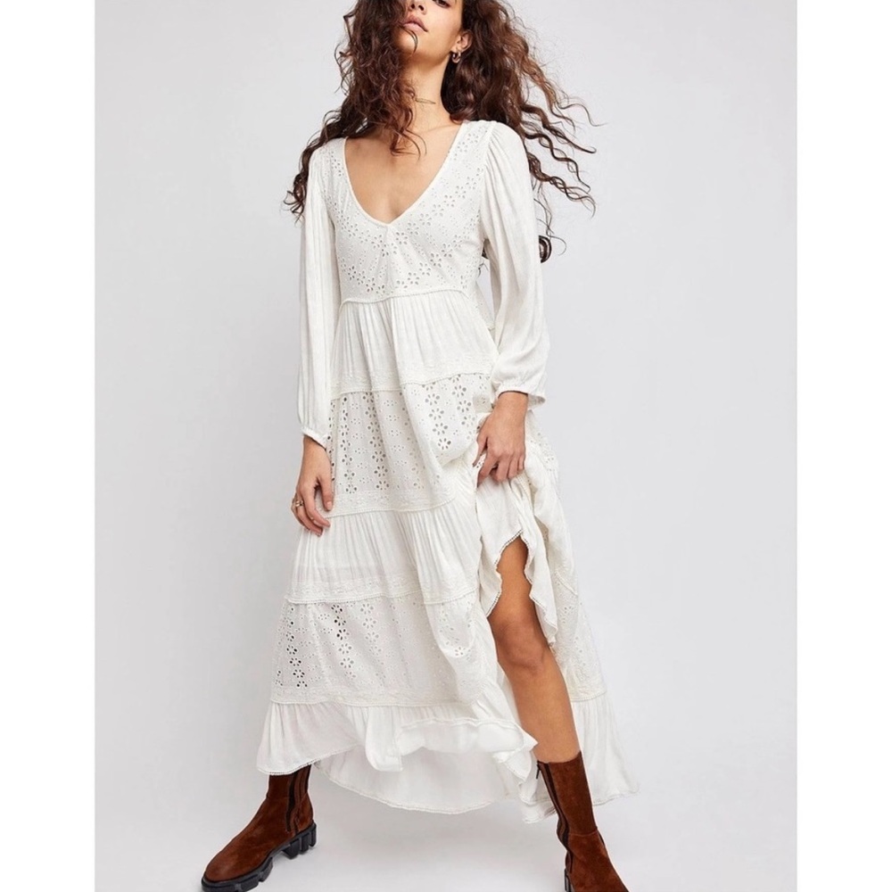 Free People Mockingbird Maxi Dress White Eyelet Lace Boho Wedding XS $148